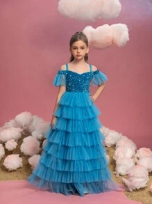 Tween Girl Shoulder Cut-Out Sequin Spliced Layered Mesh Cake Dress - Blue - View 4