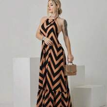 Long Zig Zag Striped Halter Dress. - Bronze - View 2