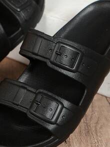 男女款休闲防水防滑透气厚底耐磨一脚蹬塑料拖鞋，纯色简约双带拖鞋，适合室内户外通勤海滩度假 - 黑色 - 查看 2