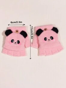 1 双儿童熊猫针织半指手套，可爱卡通厚翻盖保暖手套，适合男孩和女孩，秋冬 - 翻蓋手套 - 查看 5