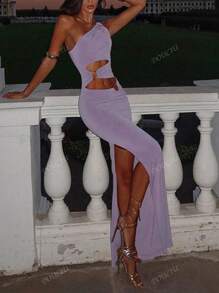 Edgy Cutout Asymmetrical Shoulder Solid Color Hollow-Out Backless Dress