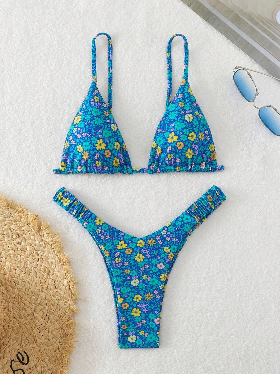 PEPPERMOLLY 全新软杯可调节肩带印花露背性感比基尼，女士夏季海滩时尚泳装套装 - 藍色 - 查看 1