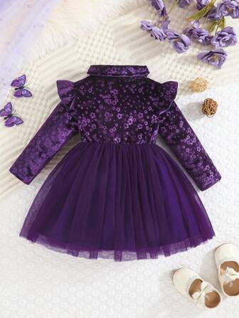 Baby Girls Ditsy Floral Ruffle Collar Long Sleeve Bowknot Party Dress With Double Layer Mesh, Suitable For Outdoor And Party, Autumn