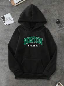 Teen Boy 3pcs City Letter Design Casual Loose Fit Hoodie Sweatshirt For Spring & Autumn