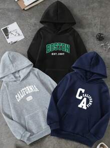 Teen Boy 3pcs City Letter Design Casual Loose Fit Hoodie Sweatshirt For Spring & Autumn