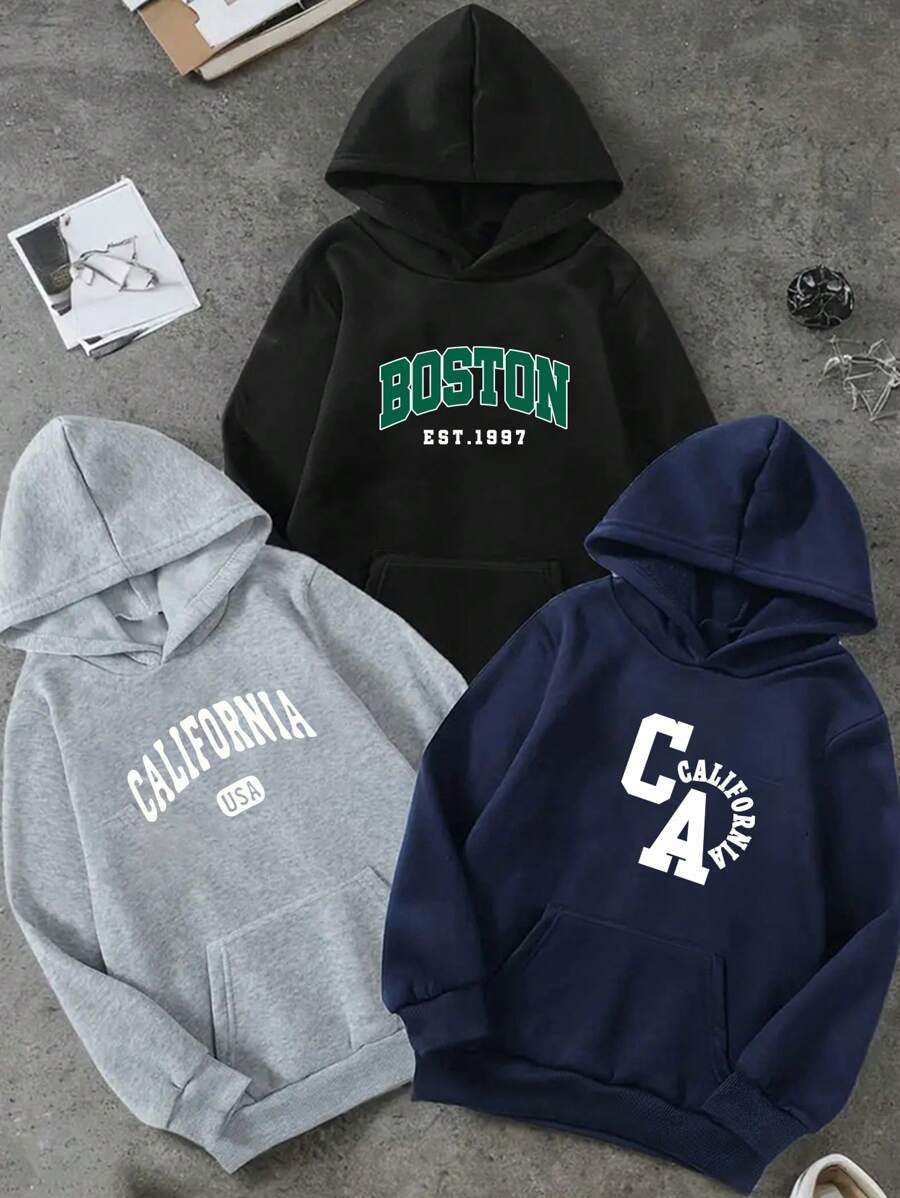 Teen Boy 3pcs City Letter Design Casual Loose Fit Hoodie Sweatshirt For Spring & Autumn