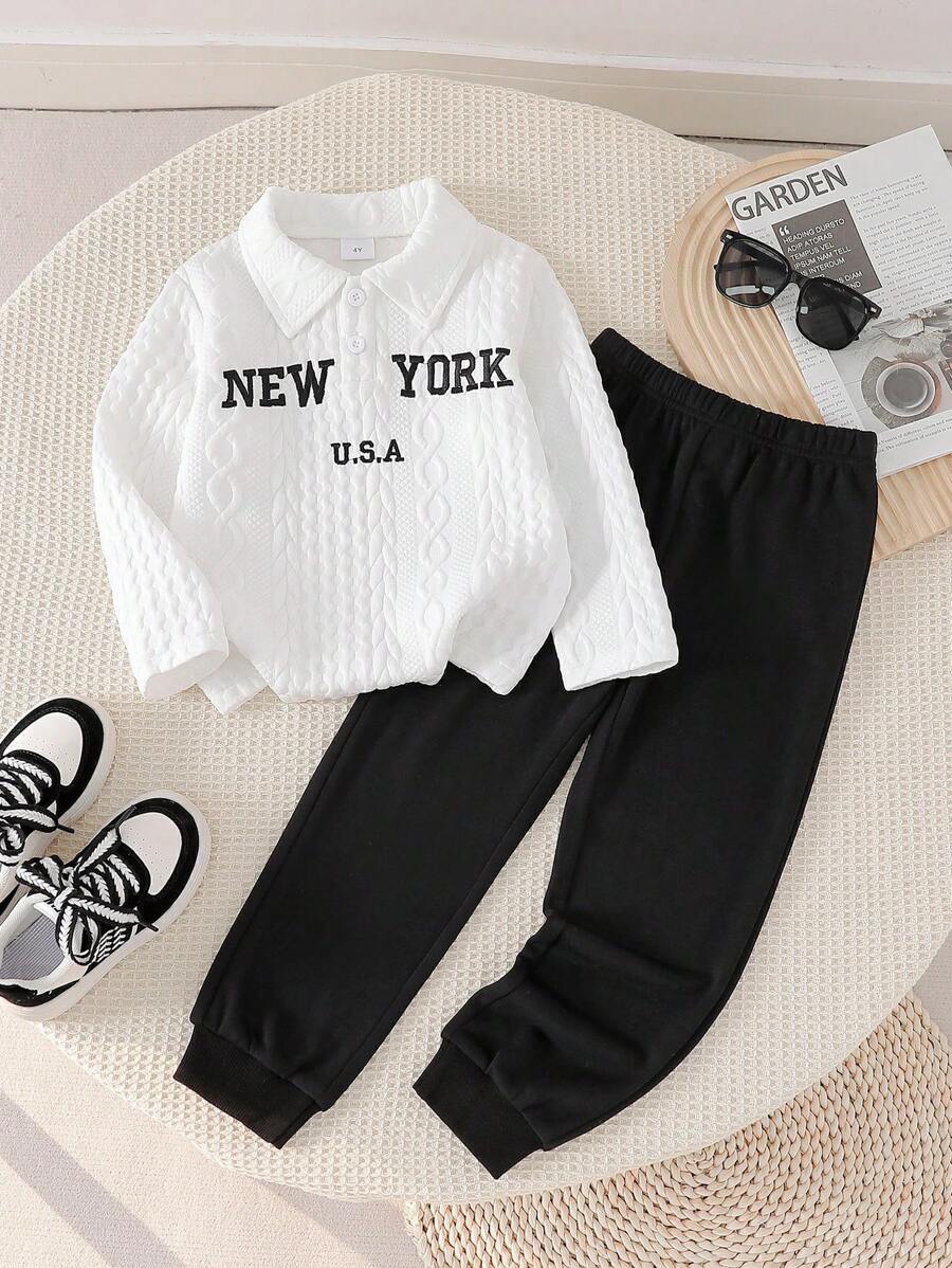 2pcs/Set Young Boy Casual Embroidered Polo Shirt And Pants - Black and White - View 1