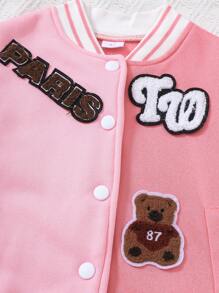 2pcs/Set Girl Letter Print Fake Pocket Long Sleeve Jacket + Skirt Outfit, For 4-7 Years Old, Autumn/Winter - Pink - View 5