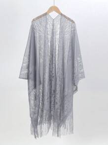 1件纯色镂空蕾丝流苏披肩，多功能沙滩巾 - 彩色 - 查看 8