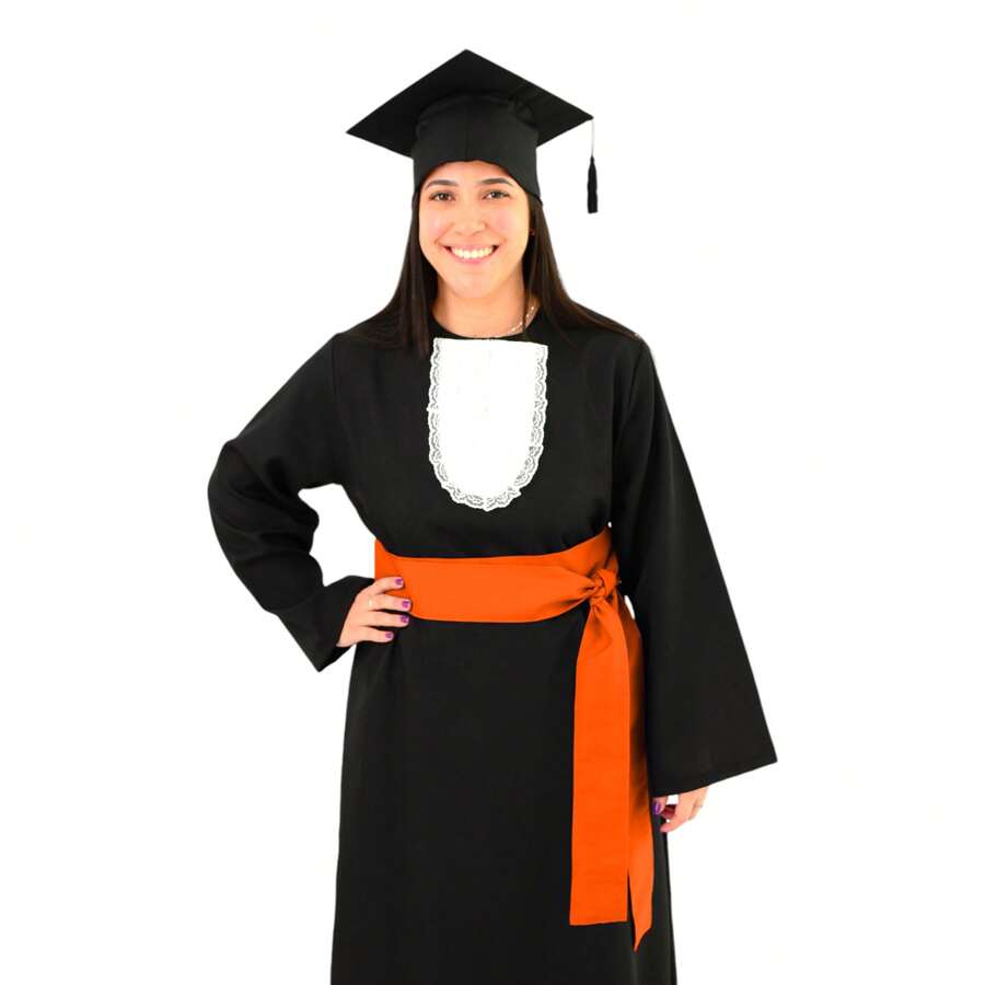 Black Graduation Gown Set + Cap + Jabot + Sash - Orange - View 1