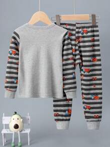 Young Boys Cartoon Truck Print Long Sleeve Pajama Set, Sleepwear With Cartoon Print