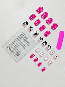 24 miếng dán móng tay hình vuông ngắn họa tiết hoạt hình đen trắng kẻ caro, hình ngôi sao và hoa, phong cách tối giản dễ thương, thích hợp để đeo hàng ngày, hẹn hò, trà chiều, đi chơi - Nhiều màu - Xem 2