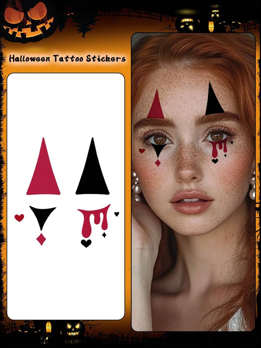 1Pc Halloween Face Stickers Clown Makeup Temporary Tattoo Waterproof Sweatproof Disposable Tattoo Stickers For Men And Woman For Face, Neck, Arm Body Art Fake Tattoo - Multicolor - View 1