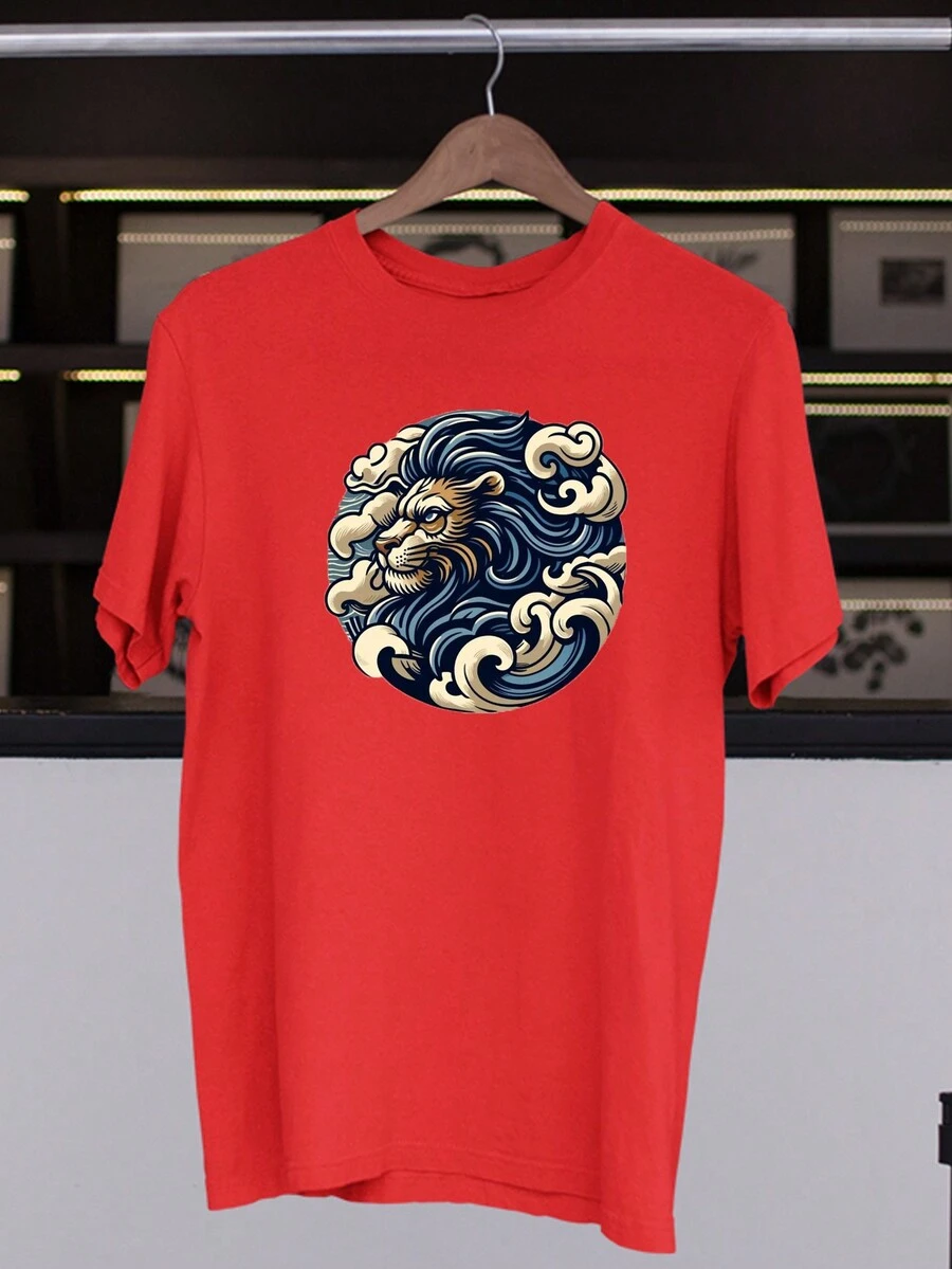 Stylish Lion Swag T-Shirt With Oriental Design Printed In Various Colors 100% Cotton - 紅色 - 查看 1