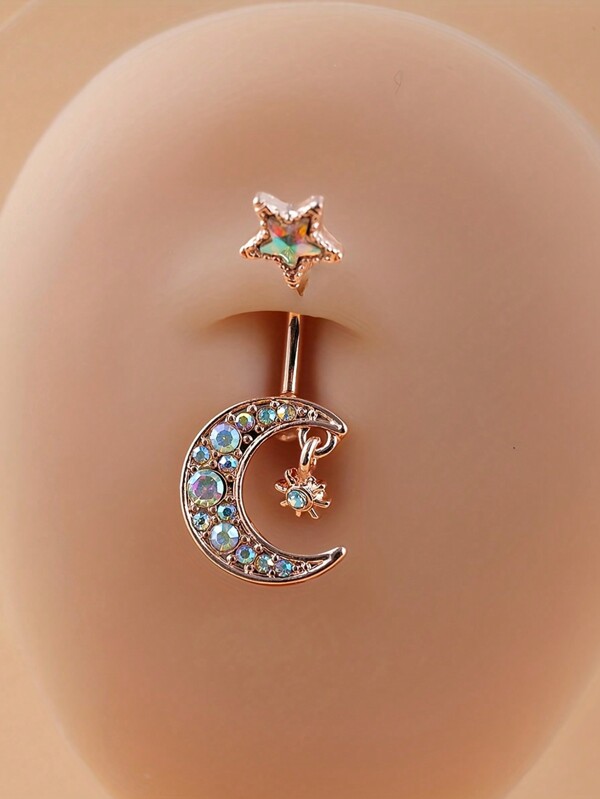 1 Pieza Anillo De Ombligo Con Forma De Media Luna Y Estrella, Anillo De Ombligo De Acero Inoxidable, Joyería Corporal De Moda, Adecuado Para Uso Diario