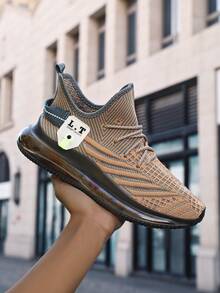 男士时尚针织透气跑鞋，舒适防滑耐用运动鞋，适合户外活动，时尚气垫轻便透气跑鞋 - 卡其色 - 查看 8