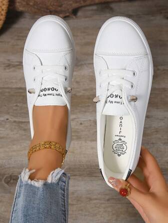 Fall/Winter Plus Size Women White Casual Sneakers, Versatile Student Sports Shoes, Flat Fashion Lace-Up Trainers