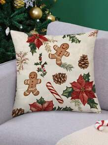 1pc Christmas Gingerbread Man, Pine Cone, And Holly Leaf Pattern Decorative Cushion Cover, Modern Fabric Velvet Print Throw Pillow Sham For Sofa/Living Room Christmas Home Decor, No Filler.