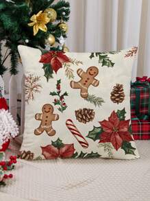 1pc Christmas Gingerbread Man, Pine Cone, And Holly Leaf Pattern Decorative Cushion Cover, Modern Fabric Velvet Print Throw Pillow Sham For Sofa/Living Room Christmas Home Decor, No Filler.