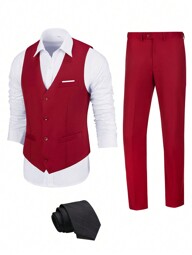 Traje de 3 piezas para hombre Furuyal, elegante, de corte slim, con chaleco, pantalones y corbata, para negocios, ir al trabajo, boda, fiesta, graduación, color burdeos claro, tallas desde XS hasta 3XL