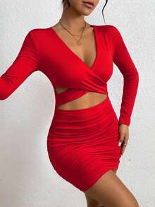 1 件女士性感镂空褶皱紧身迷你连衣裙长袖，适合欧美夜店派对，秋冬季