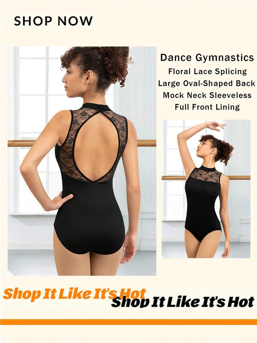 Women's Turtleneck Flower Lace Sleeveless Camisole Ballet Dance Leotards For Adult Gymnastics Dance Tank Tops With Large Oval-Shaped Back And Soft Lining Ballet Dance Costumers