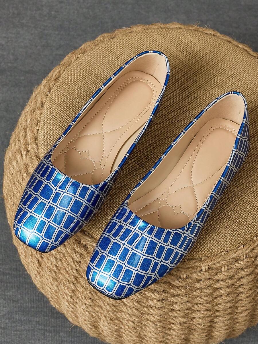 Women's Fashion Elegant Square Toe Shallow Slip-On Solid Color Embossed Flat Shoes, French Retro Comfortable Versatile Office Wear Flats - Teal Blue - View 1