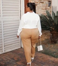 Plus Size Tailored Pants With Belt, High Waist, Elegant, Formal - 摩卡棕 - View 5