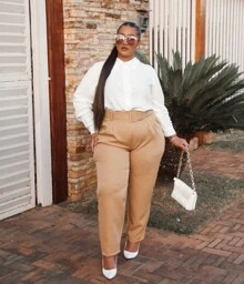 Plus Size Tailored Pants With Belt, High Waist, Elegant, Formal - 摩卡棕 - View 4