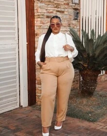 Plus Size Tailored Pants With Belt, High Waist, Elegant, Formal - 摩卡棕 - View 3