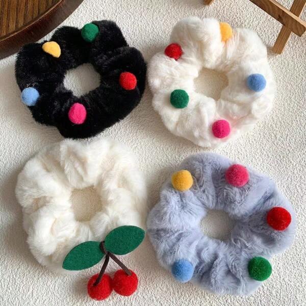 1pc Kawaii Estilo Japonês Colorido Fofo Pelúcia Cabelo Scrunchies, Doce Cereja Bobble Cabelo Elásticos Para Mulheres, Outono/Inverno