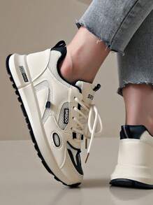 New Thick Sole Sneakers Versatile Beige Fashion Mesh Chunky Chunky Sneakers, Blue Patchwork Outdoor Casual Shoes, All Seasons