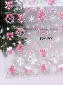 5D 玻璃圣诞指甲贴纸 2 件白色粉色全息激光卡通花环雪花蝴蝶结铃铛糖果棒袜子圣诞树设计 DIY 冬季自粘凝胶抛光贴花滑块美甲配件美甲装饰 - 彩色 - 查看 4