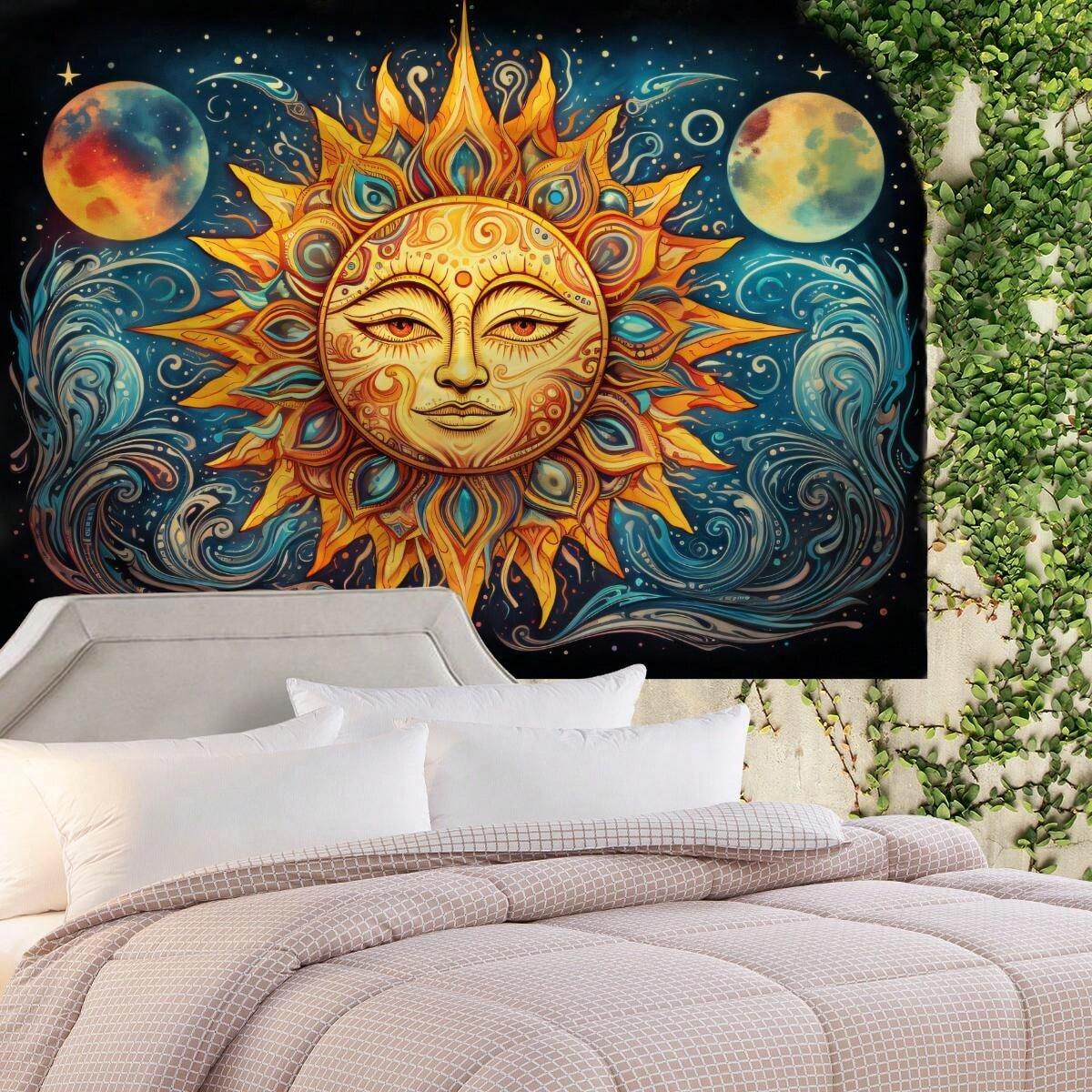 1pc Textile Wall Hanging With Face & Sun Print, Comes With 3 Wall Pins