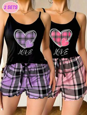 2 Sets Women's Lovely Plaid Heart & Letter Print Lettuce Frill Trim Casual Pajama Set Bow Front Round Neck Backless Cami Top & Shorts Comfortable Relaxed Sleepwear & Loungewear,Two Pieces Set