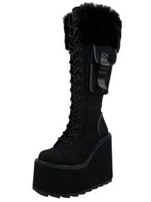 Mid Calf Boots Women Round Toe Black Platform Combat Boots Womens Lace Up Wedge Boots Chunky Block Heel Punk Goth Wide Calf Boots Gothic Motorcycle Booties For Women - 黑色 - 查看 11