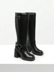 Women's Chunky Heel Platform Knee-High Boots Square Toe Side Zipper Adjustable Straps Buckle Decorated Motorcycle Riding Boots - 黑色 - 查看 5