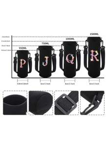 1pc Pink Floral & Letter Print Insulated Water Bottle Sleeve, Fits 550ml/750ml/1000ml/1500ml Bottles, Made Of Waterproof Nylon With Adjustable Strap, Suitable For Hiking, Camping, Sports - Black - View 2