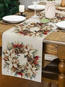 1pc Vintage Christmas Wreath Pattern Table Runner, Christmas Home Decor Table Runner For Indoor Outdoor Party, Suitable For Christmas Home Kitchen Decor And Christmas Event Party Decoration