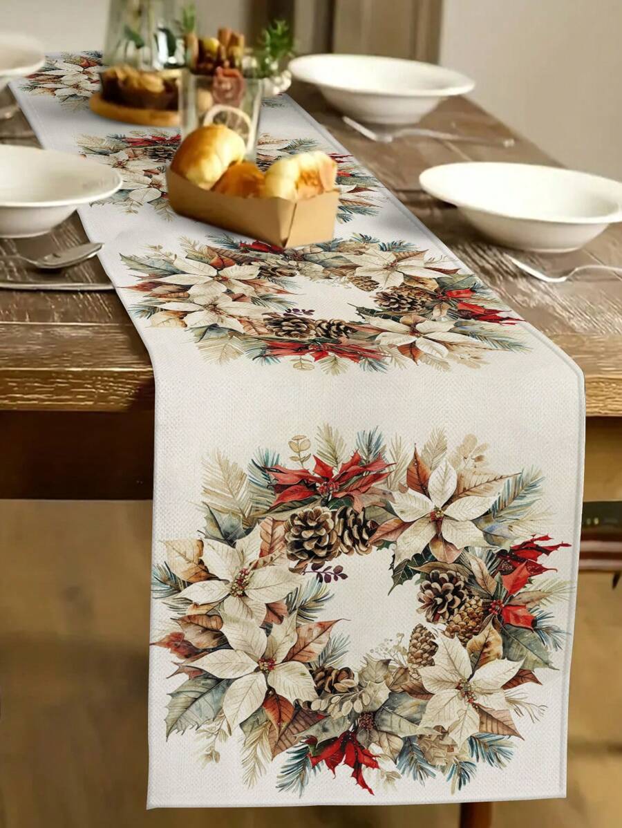 1pc Vintage Christmas Wreath Pattern Table Runner, Christmas Home Decor Table Runner For Indoor Outdoor Party, Suitable For Christmas Home Kitchen Decor And Christmas Event Party Decoration