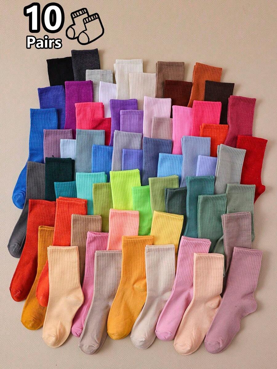 10 Pairs Of Random Solid Color Socks Assorted Colorful Mid-Calf Socks For Children's, Moisture-Wicking & Breathable, Versatile Tall Kids Socks - Multicolor - View 1