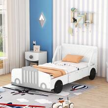 Striking Car-Shaped Design: This Twin-Size Bed Features A Captivating Car Shape, Available In Three Vivid Colors, Making It The Perfect Centerpiece For Any Child's Bedroom.  Superior Quality Construction: Made From Good-Quality Plywood And MDF, This Bed Is Built To Last, Providing Sturdy Slats That Support Daily Use And Withstand Wear And Tear.  Enhanced Safety Features: Designed With Protective Side Rails Next To The Headboard, This Bed Ensures A Secure Sleeping Experience, Preventing Accidental Falls For Added Peace Of Mind.  Comfort Meets Functionality: Blending Style And Practicality, This Bed Offers A Comfortable Sleeping Surface While Enhancing The Overall Aesthetic Of Your Child's Space.  Convenient Size And Easy Assembly: With Dimensions Of 77.2" X 40.9" X 29.9" (L X W X H), This Bed Is Easy To Assemble With Included Instructions. Note That The Mattress Is Not Included. - 白色 - 查看 6