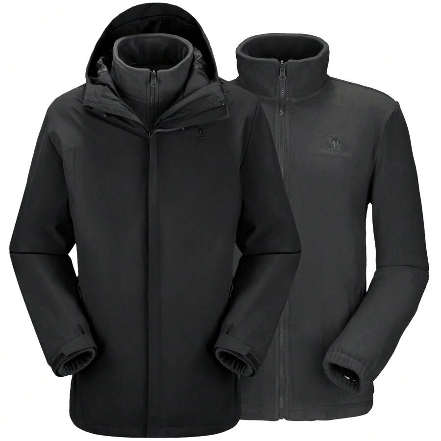 CAMEL CROWN 男士冬季滑雪夹克三合一山地雪防水外套保暖风衣滑雪板夹克派克大衣带帽 - 黑色 - 查看 1