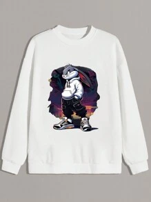 Men's Crew Neck Letter Print Loose Fit Pullover Sweatshirt, For Fall, Long Sleeve Top - White - View 2