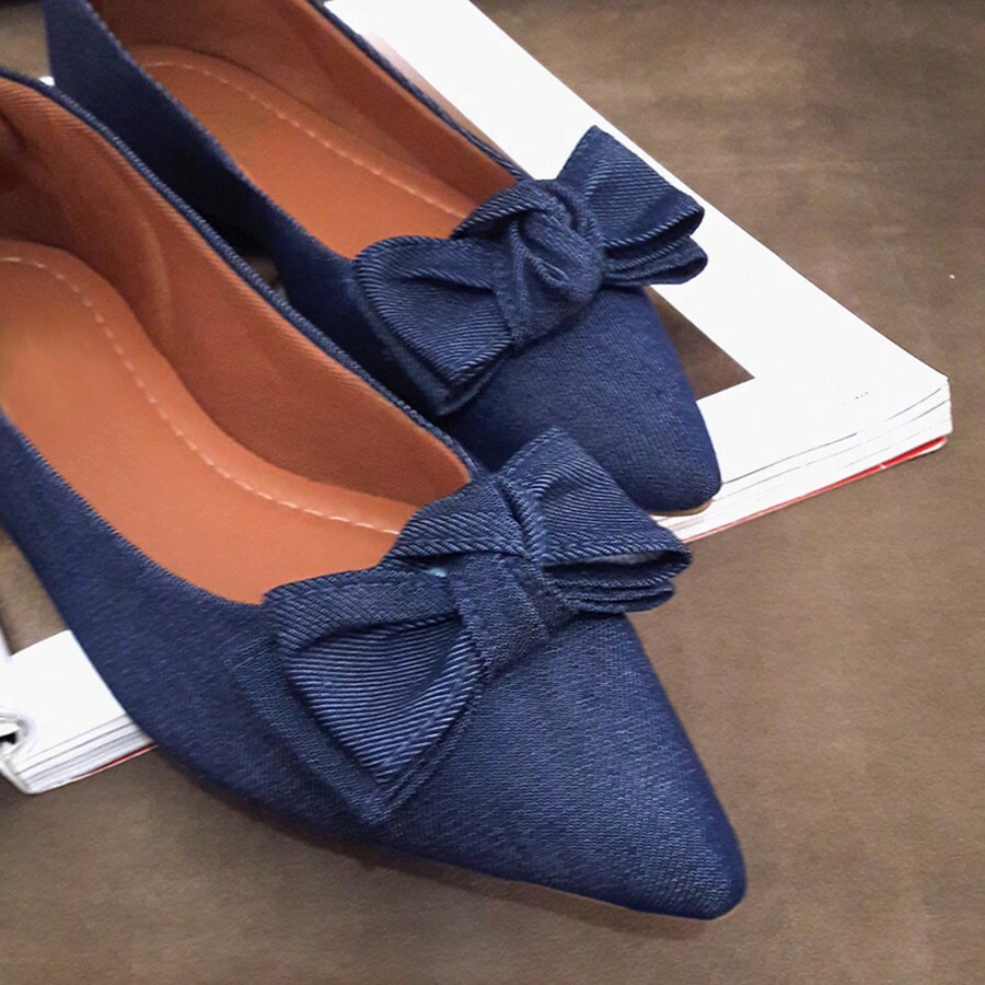 Pointed Toe Elongated Denim Ballet Flats With Candy Bow Moda de Mujer SHEIN México