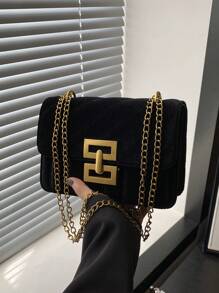 Vintage Textured Velvet Square Shoulder Bag, Solid Color Elegant Chain Bag, Women's Classic Handbag Wallet