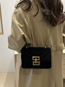 Vintage Textured Velvet Square Shoulder Bag, Solid Color Elegant Chain Bag, Women's Classic Handbag Wallet