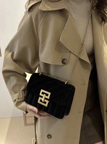 Vintage Textured Velvet Square Shoulder Bag, Solid Color Elegant Chain Bag, Women's Classic Handbag Wallet