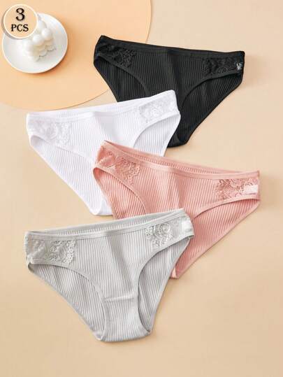 4 peças de roupa íntima feminina sexy renda triângulo calças moda calcinha canelada cintura média cor sólida lingerie elástica