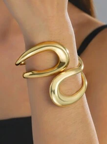 1/2pcs Geometric Metal Bracelet, Minimalist Style, Exaggerated Design, Streamlined Bangle, Thick Cuff - Gold - View 1